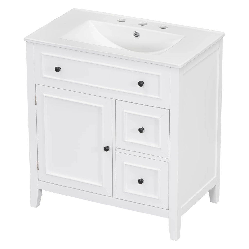eprolo 30-inch white bathroom vanity with sink top, cabinet door, and two drawers