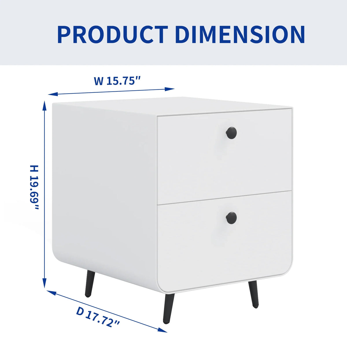 Dimensions of eprolo modern white steel night stand with two drawers, 15.75"W x 19.69"H x 17.72"D