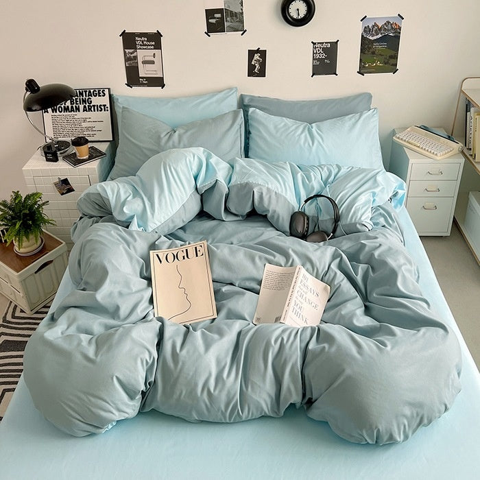 Washed Cotton Solid Color Double Spliced Four-Piece Bedding Set