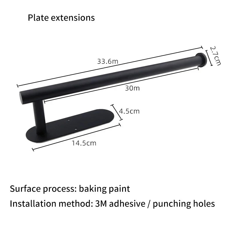 Black eprolo kitchen roll holder with dimensions for installation.