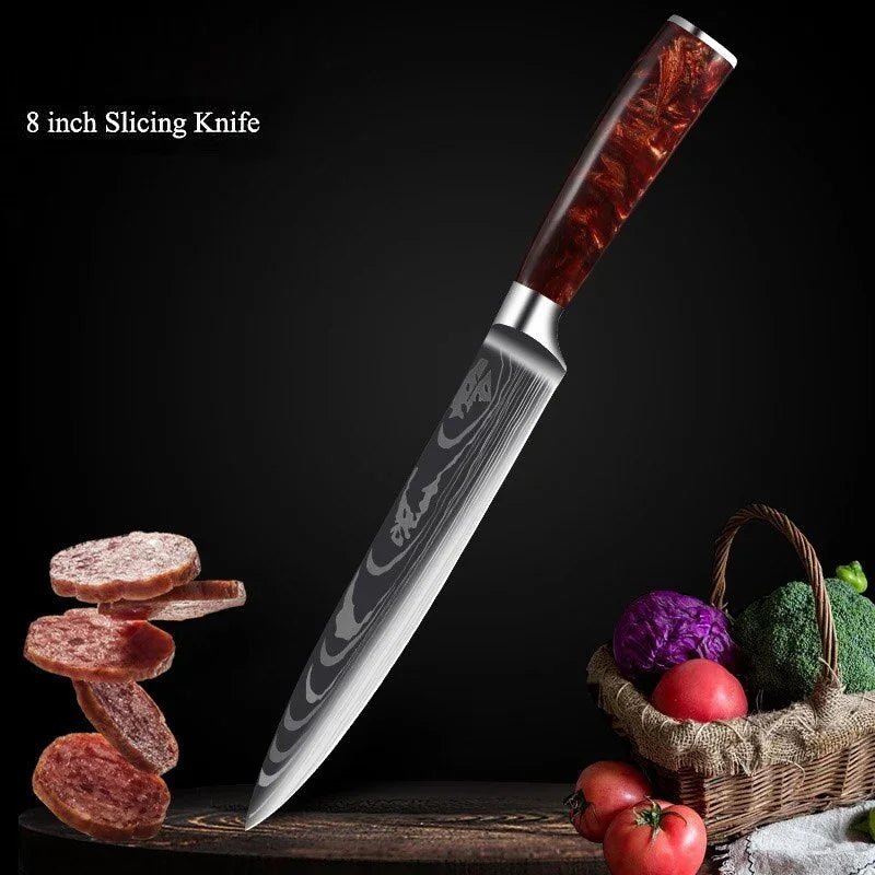 eprolo 8 inch slicing knife with high carbon stainless steel blade and wooden handle.