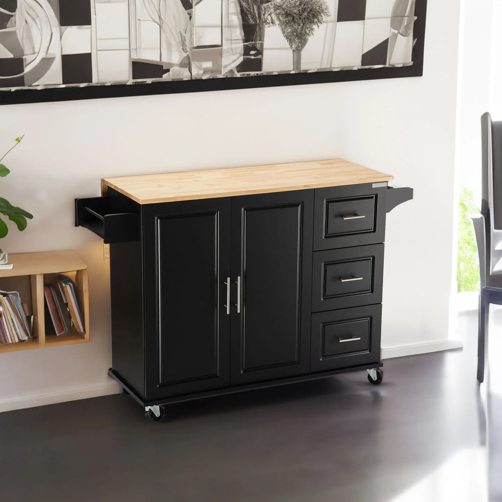 eprolo mobile kitchen island with black finish and extensible rubber wood countertop