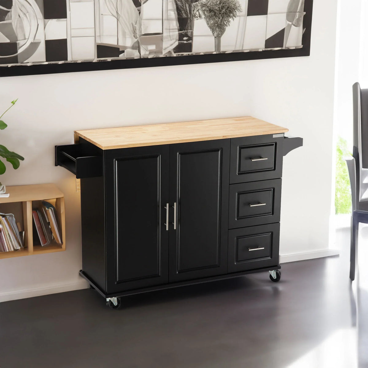 eprolo mobile kitchen island with black finish and extensible rubber wood countertop