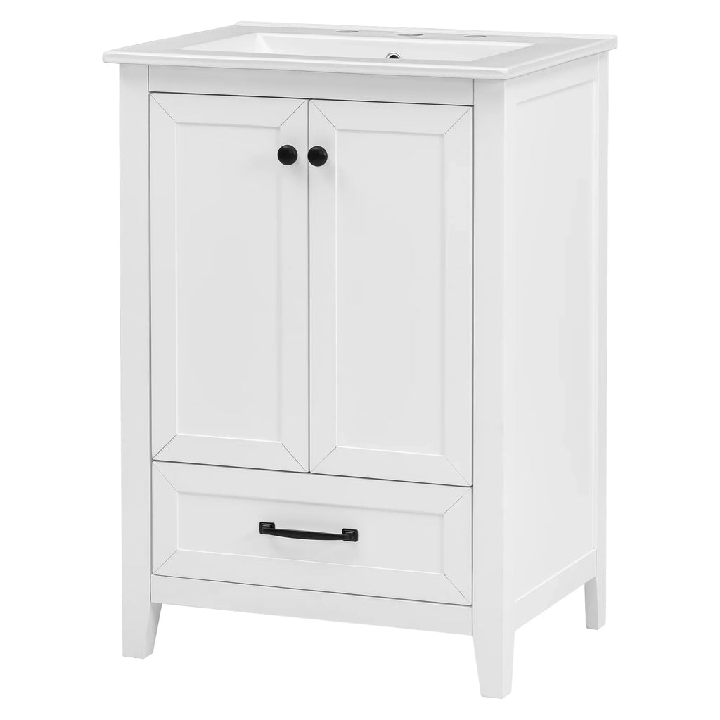 White 24 inch eprolo bathroom vanity cabinet with sink, one drawer, and double doors.
