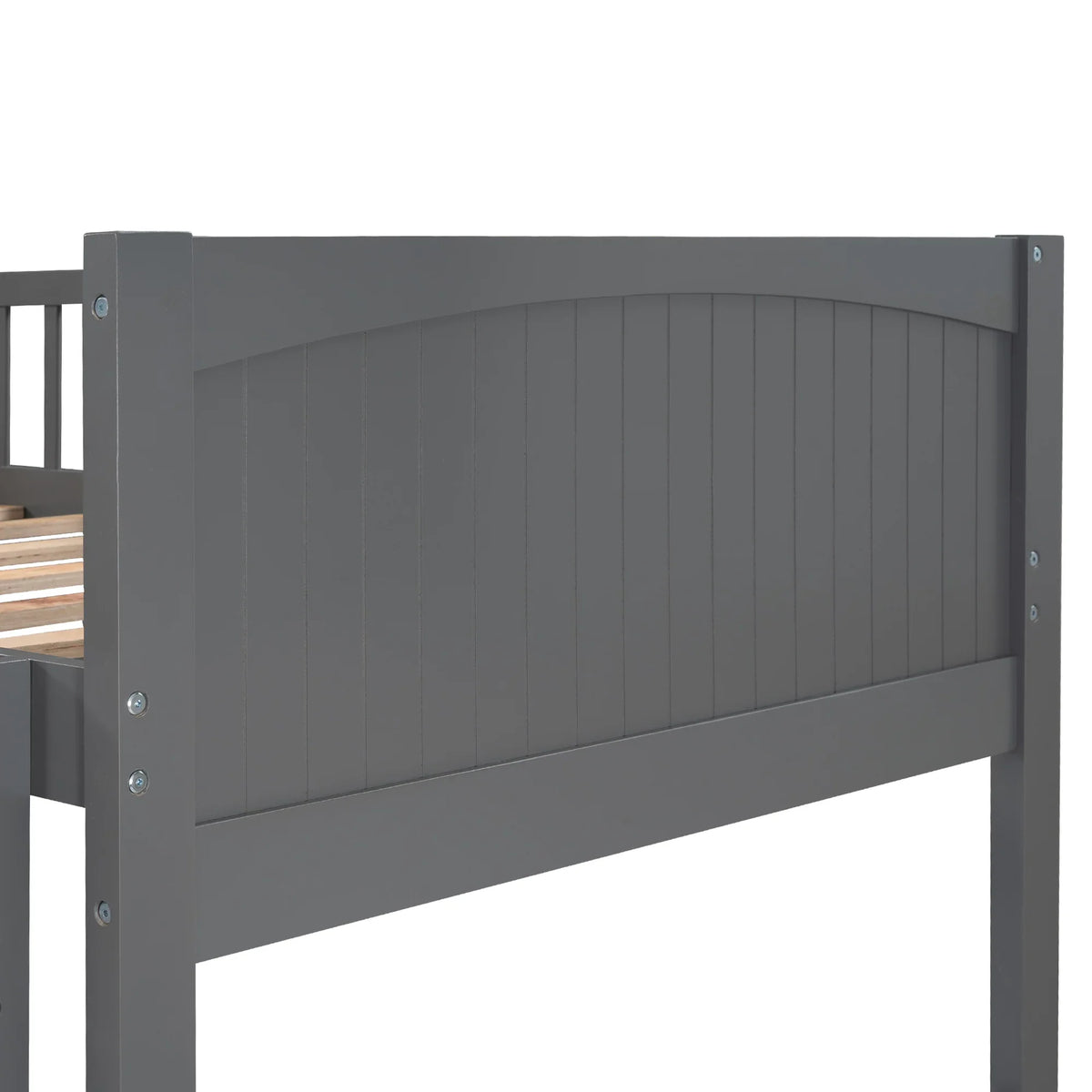 Gray wooden headboard of an eprolo twin size bunk bed with loft bed.