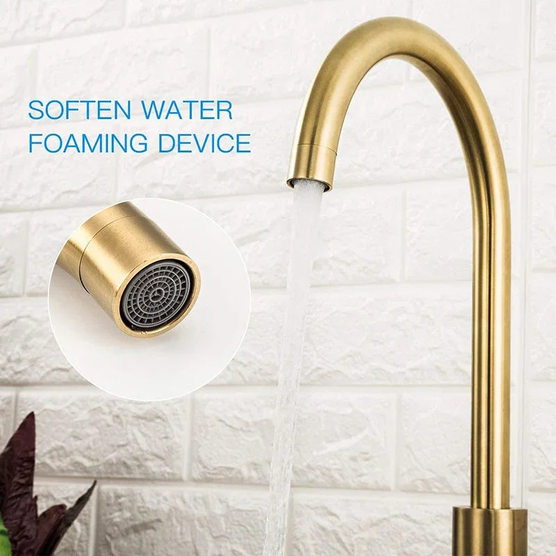 Brushed gold eprolo kitchen faucet with a water softening foaming device attachment