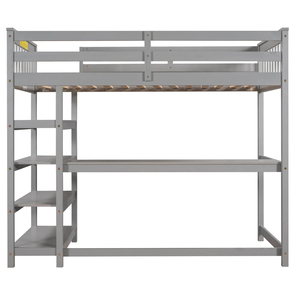 eprolo twin size loft bed in gray featuring built-in storage shelves and an under-bed desk