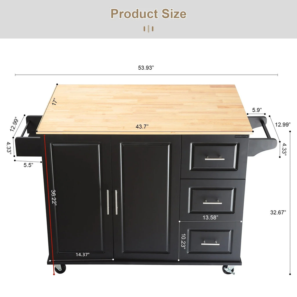 eprolo Mobile Kitchen Island with rubber wood countertop and dimensions shown