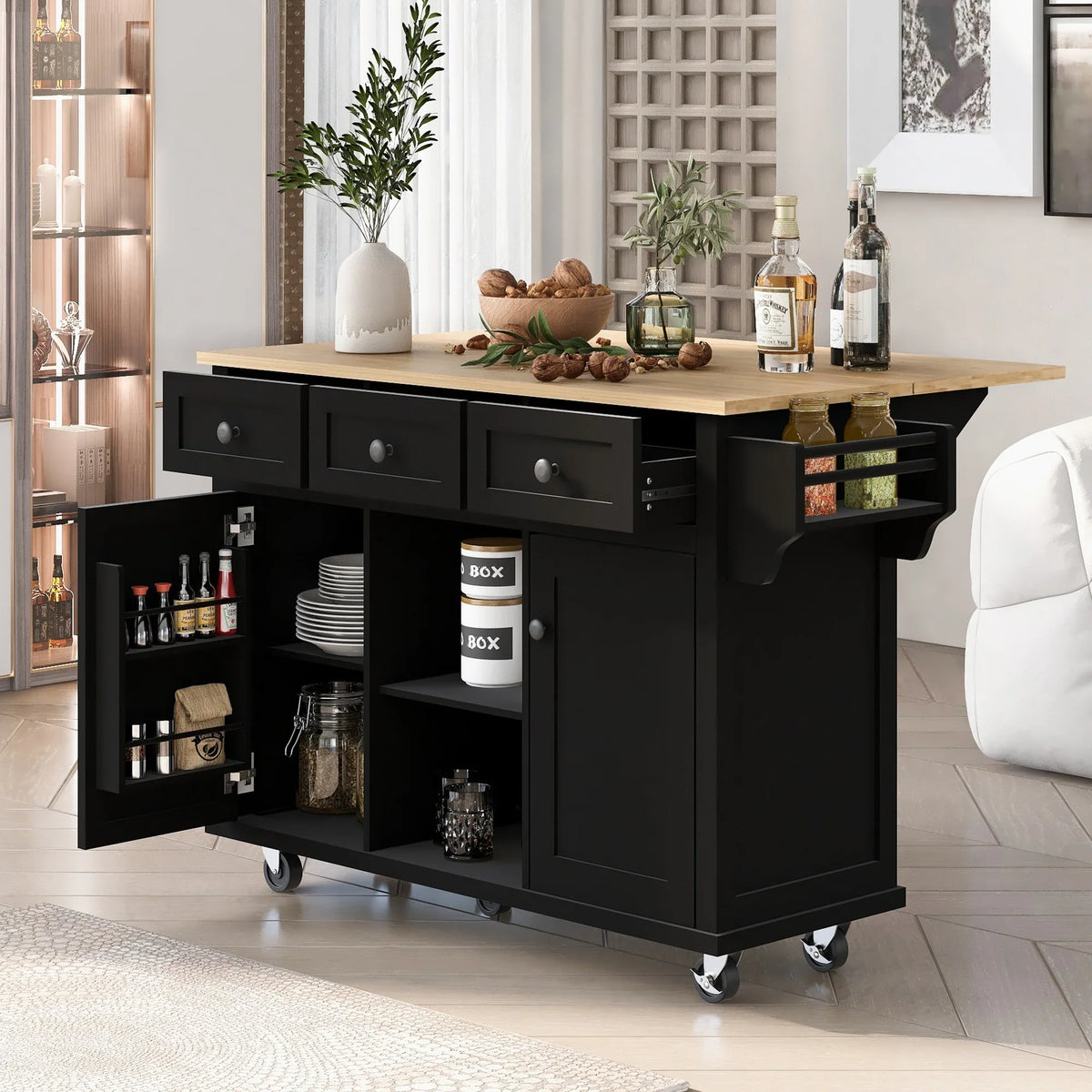 Black eprolo kitchen trolley with rubber wood countertop, storage cabinet, and drawers on wheels