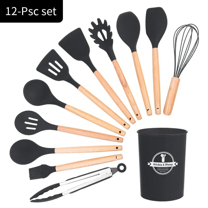 eprolo 12-piece black silicone kitchen utensil set with wooden handles and storage holder
