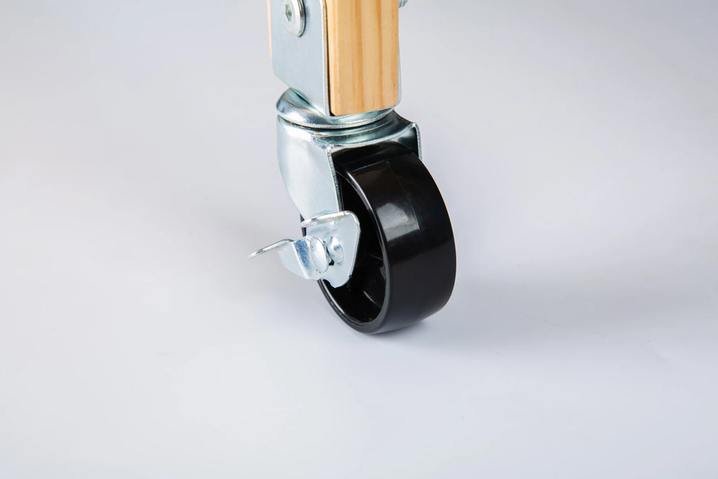 Close-up of a locking caster wheel on an eprolo mobile kitchen island.