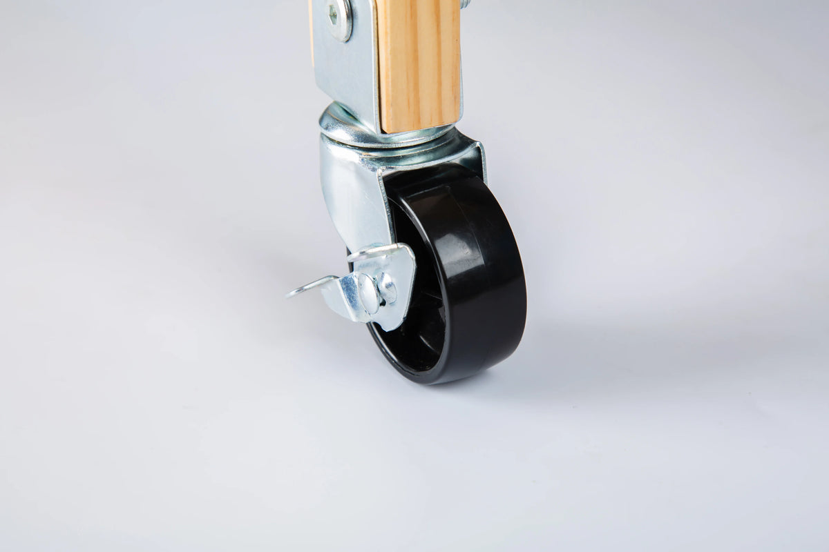 Close-up of a locking caster wheel on an eprolo mobile kitchen island.