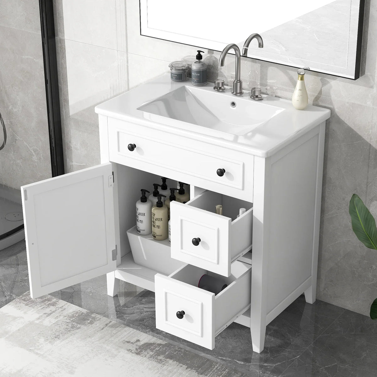 White 30 inch eprolo bathroom vanity with sink top, cabinet door, and two open drawers.