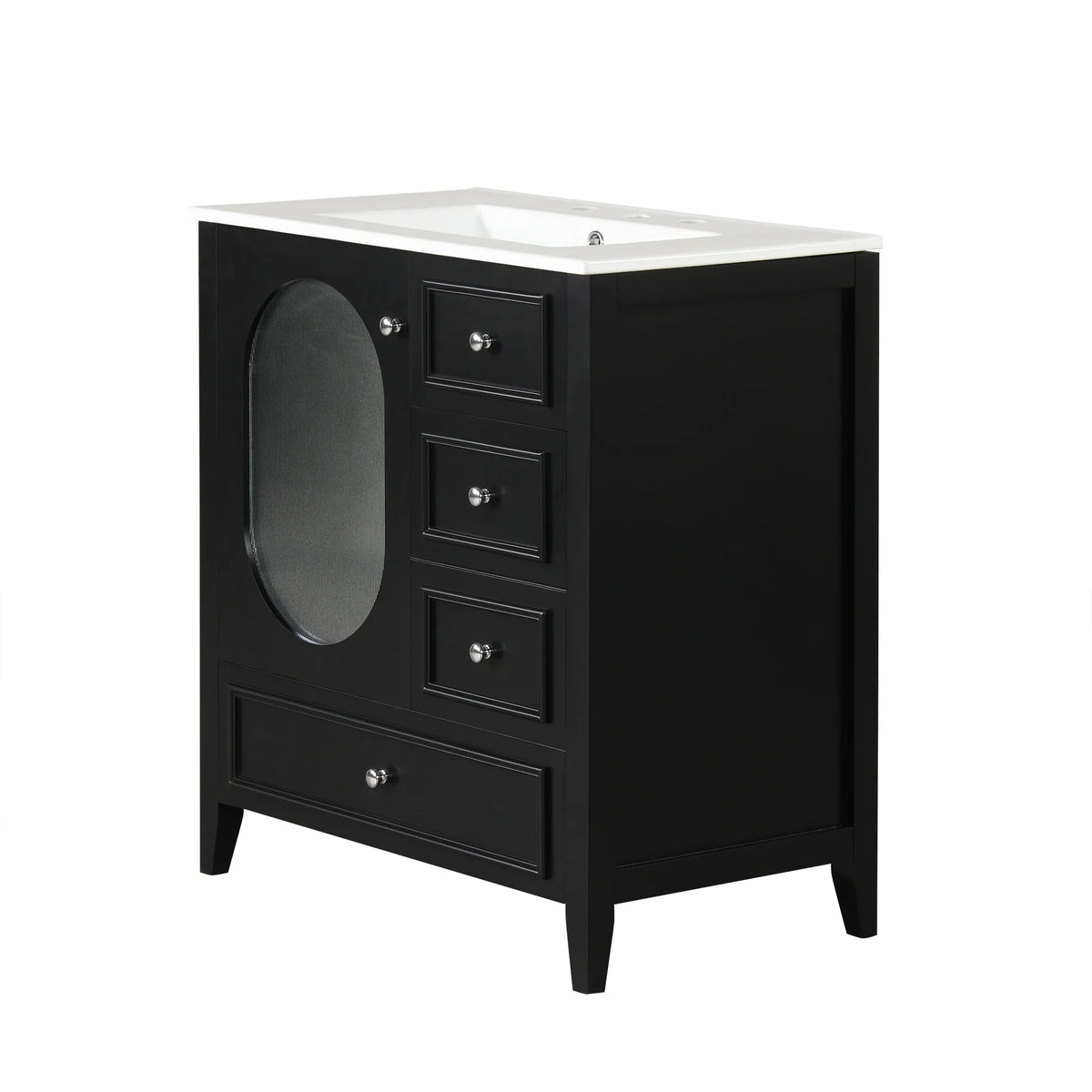 eprolo 30 inch black bathroom vanity with white sink and three drawers