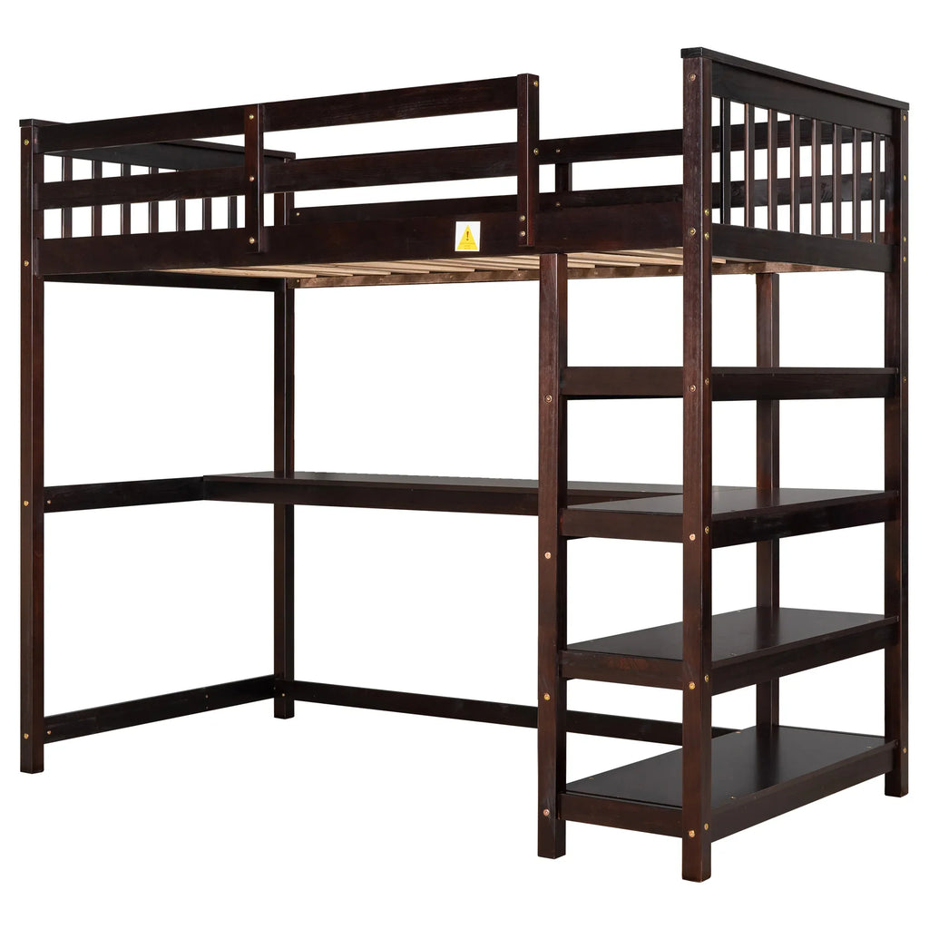 eprolo Twin Size Loft Bed in Espresso with integrated desk and storage shelves
