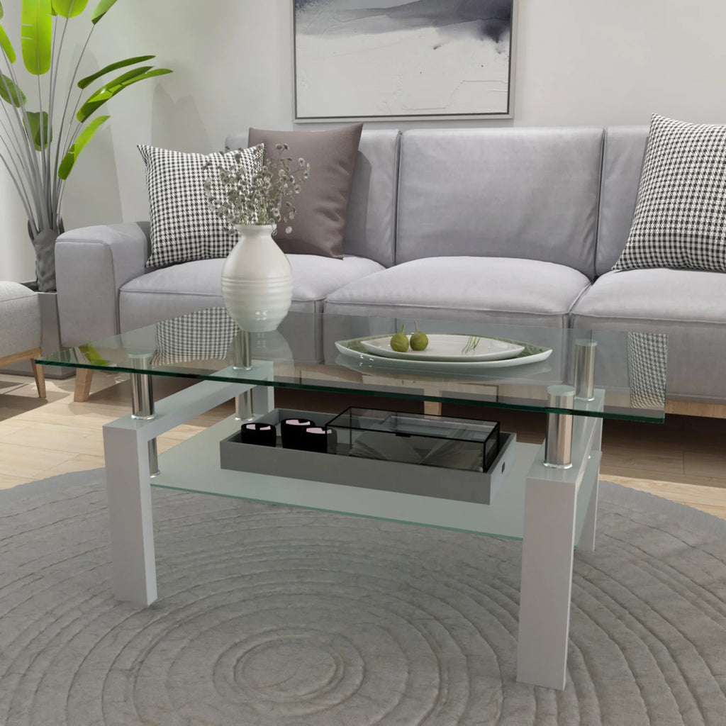 Modern eprolo white coffee table with clear glass top and shelf in a living room setting
