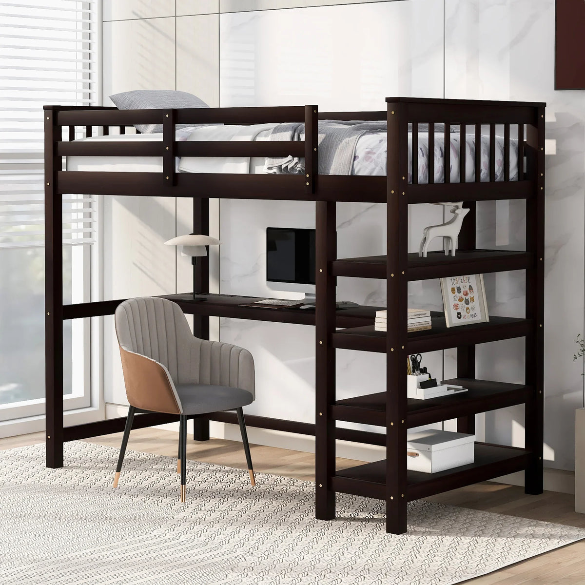 eprolo Twin Size Loft Bed in Espresso with built-in desk and storage shelves.