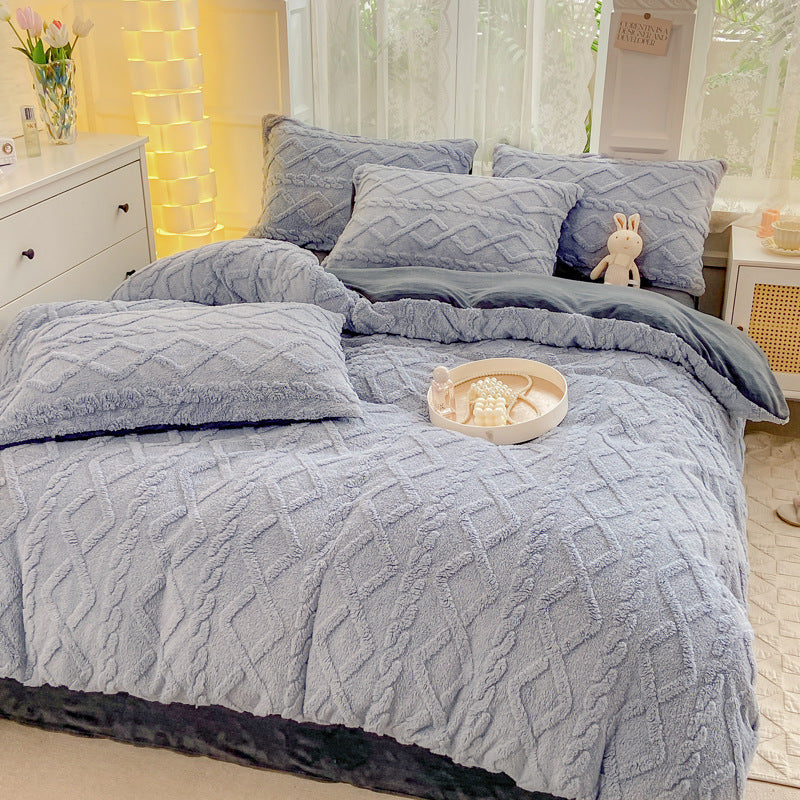 Winter Flannel 4-Piece Bedding Set, Thick Warm Milk Velvet Coral Fleece Duvet Cover, Student Dormitory