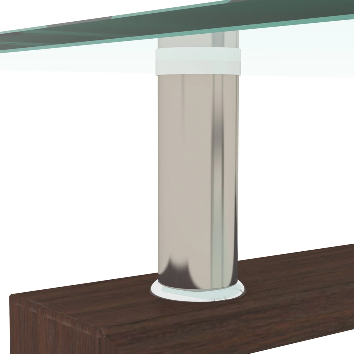 Close-up of the chrome metal leg and walnut wood base of an eprolo glass coffee table.