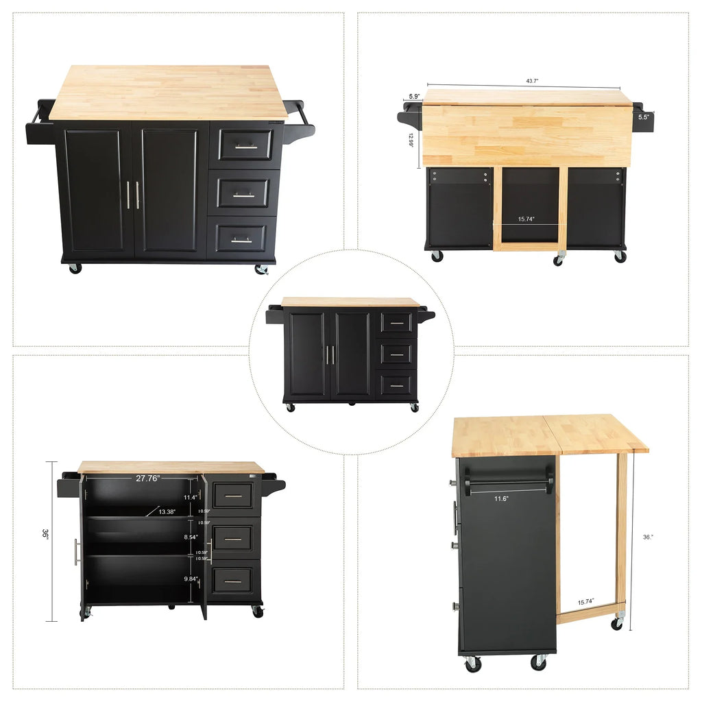 eprolo mobile kitchen island with extensible rubber wood countertop and black cabinets