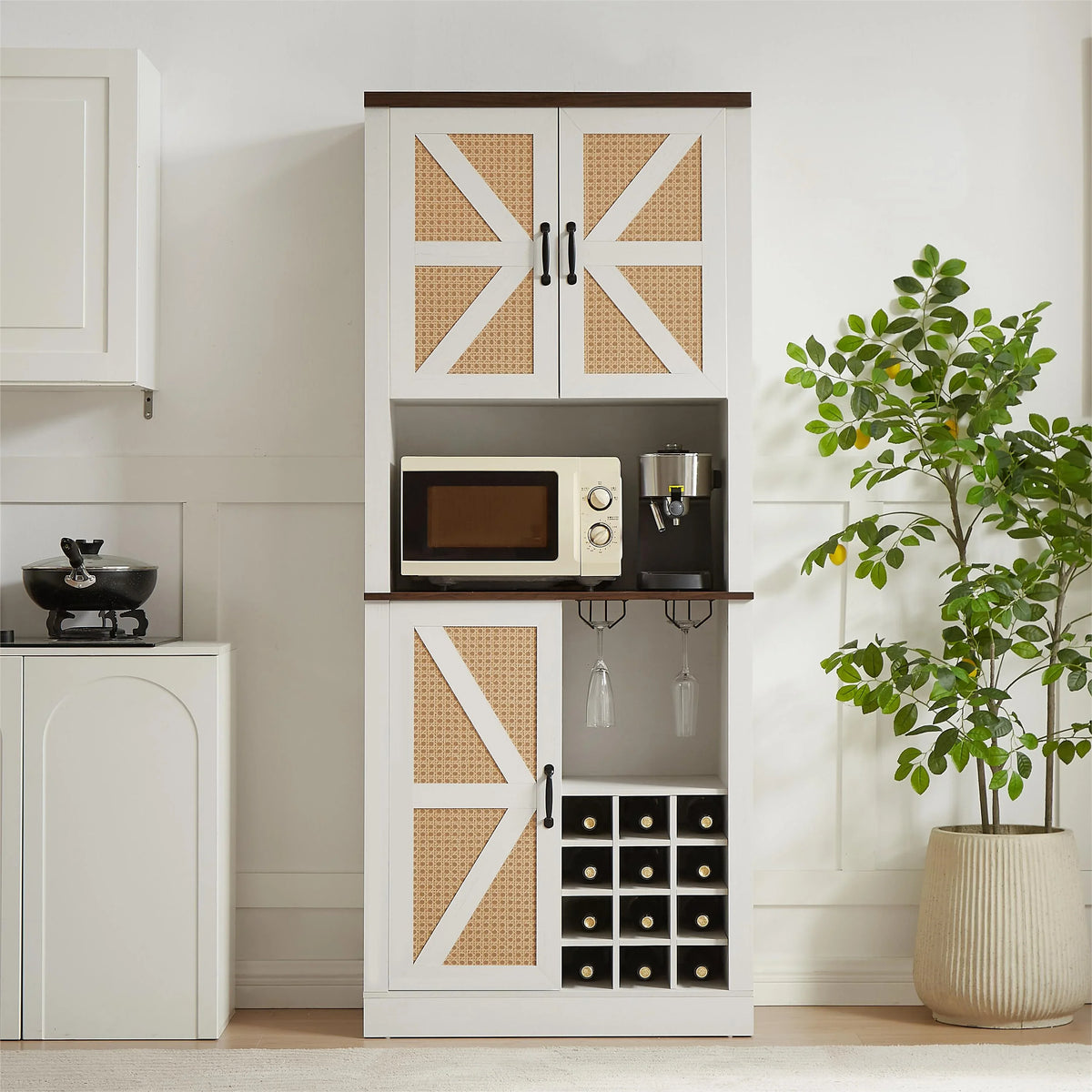 eprolo farmhouse faux rattan wine and bar cabinet with shelves and microwave nook