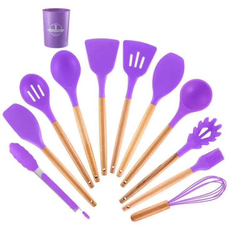 Purple silicone kitchen cooking utensil set with wooden handles by eprolo