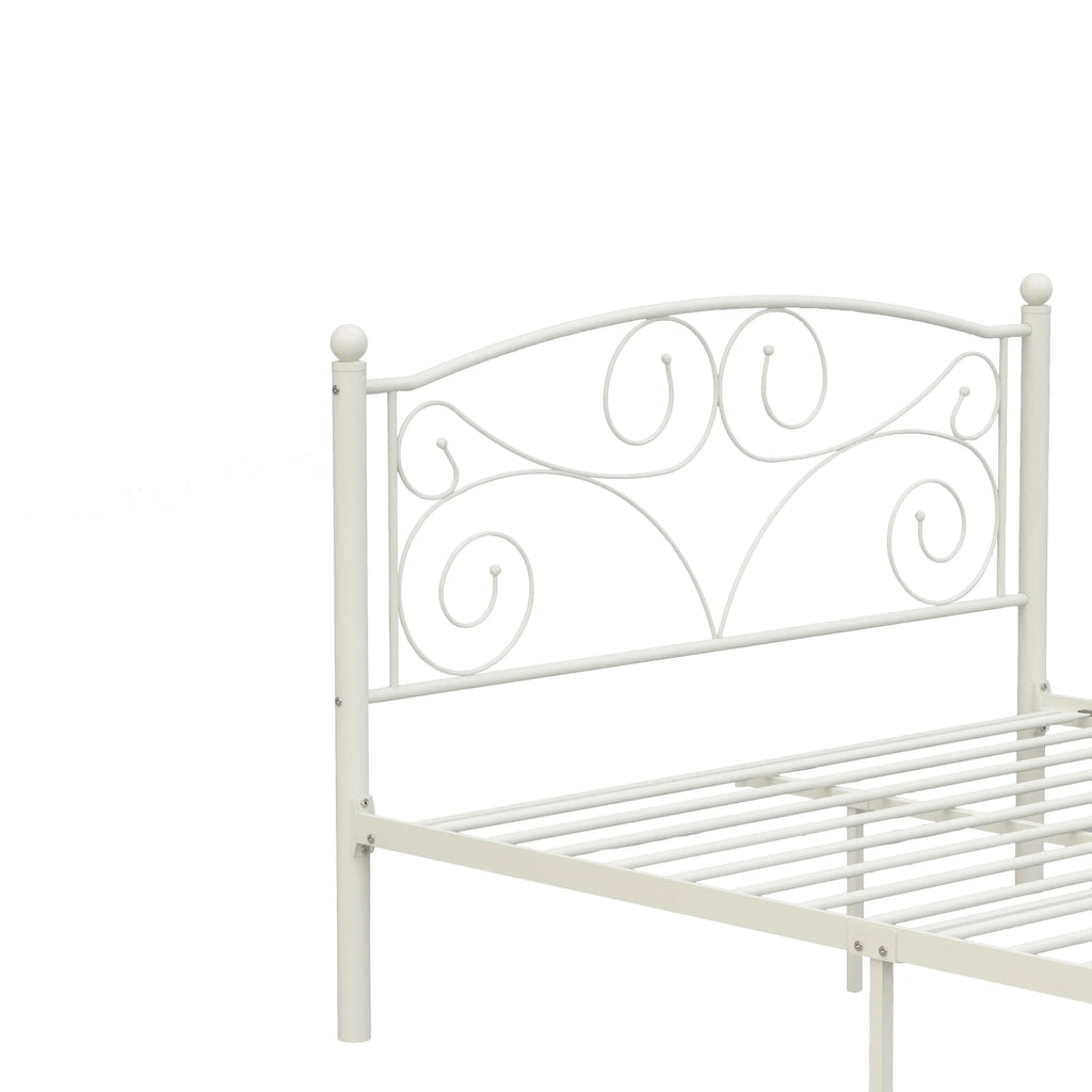White metal full bed frame with decorative flower scrollwork headboard by eprolo