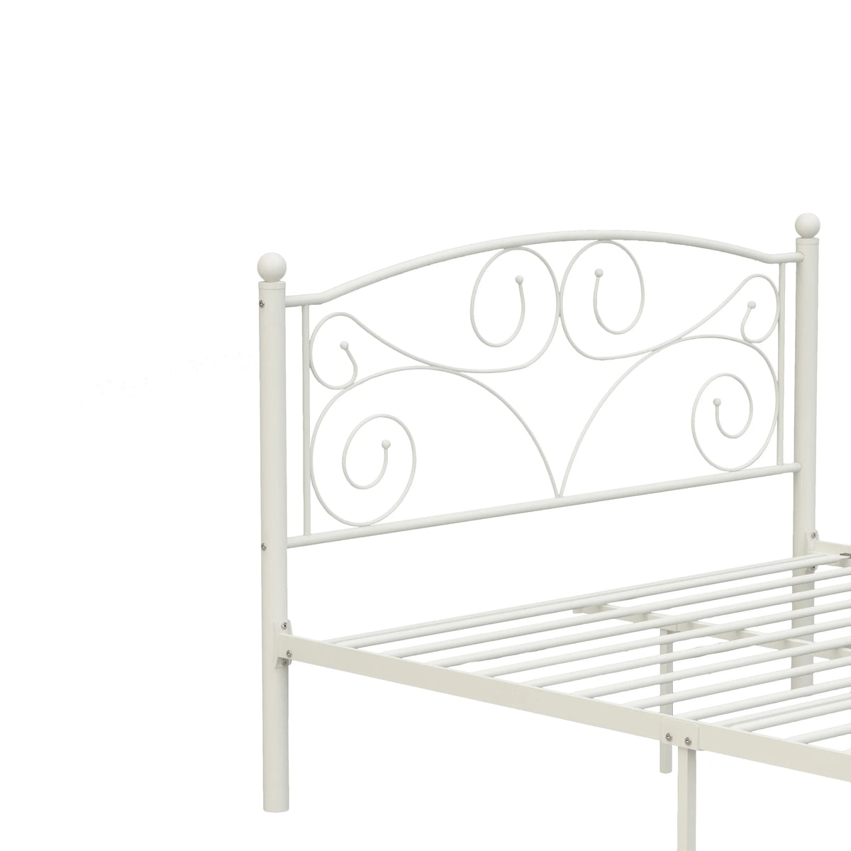 White metal full bed frame with decorative flower scrollwork headboard by eprolo