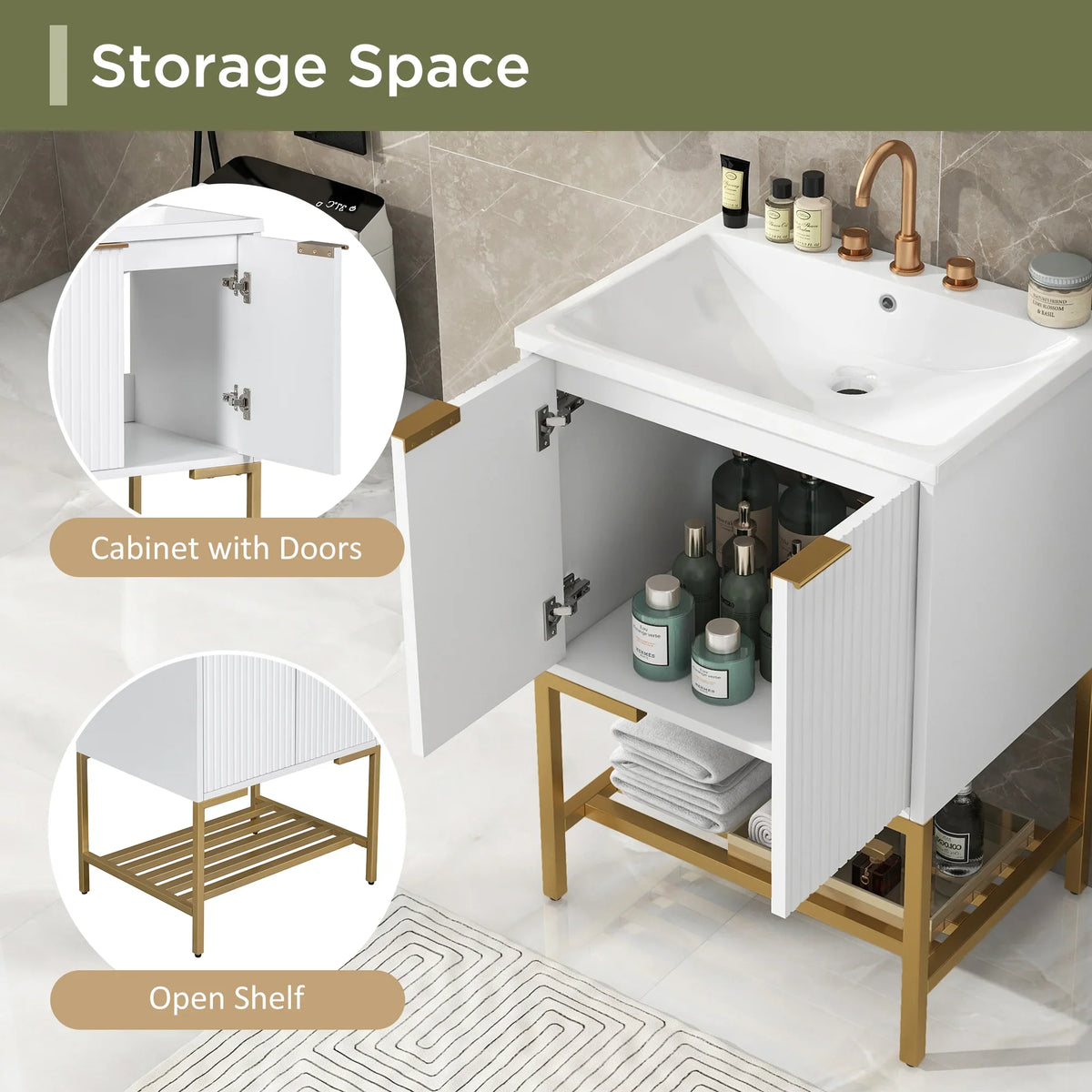 eprolo 24" white bathroom vanity with gold metal frame, open shelf, and cabinet storage.