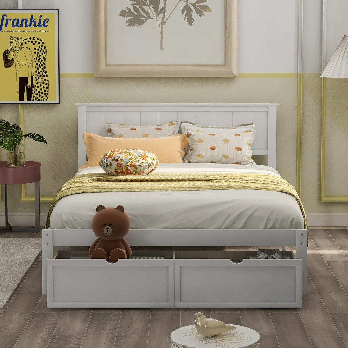 White full size platform bed with under-bed storage drawers and decorative pillows by eprolo