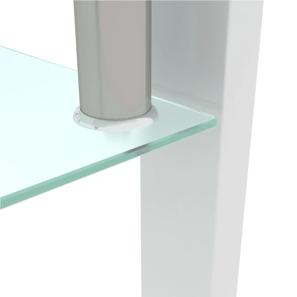 Close-up of a modern eprolo coffee table featuring a clear glass top and silver metal support.
