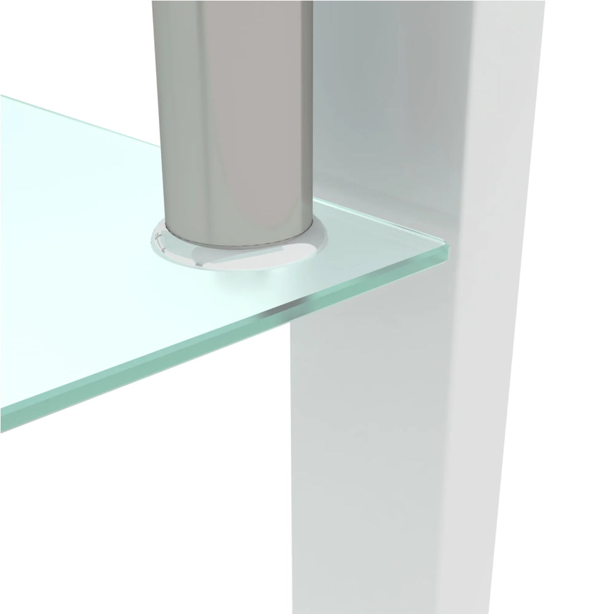 Close-up of a modern eprolo coffee table featuring a clear glass top and silver metal support.