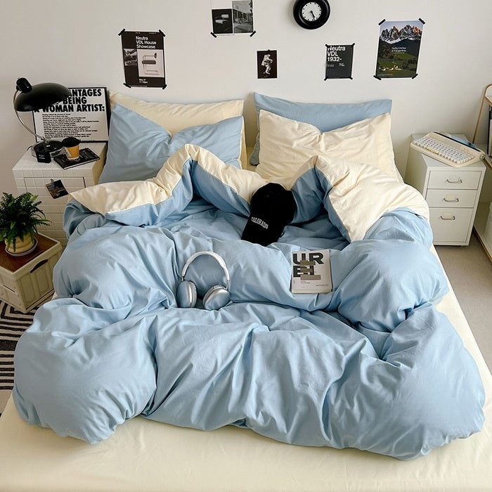 Washed Cotton Solid Color Double Spliced Four-Piece Bedding Set