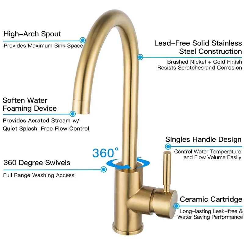 eprolo brushed gold stainless steel high-arch kitchen faucet with 360-degree swivel spout
