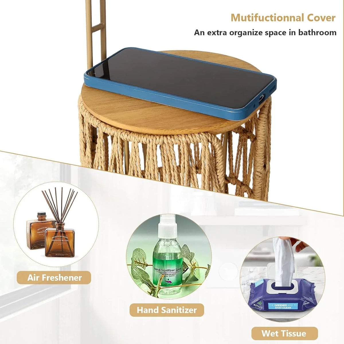 eprolo woven toilet paper holder storage shelf with phone, sanitizer, and tissues