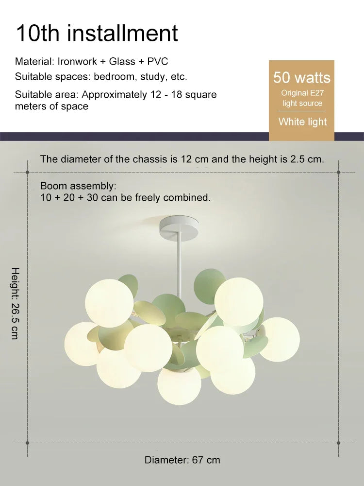 Creative Magic Bean ceiling light with white globe shades and green leaf accents by eprolo