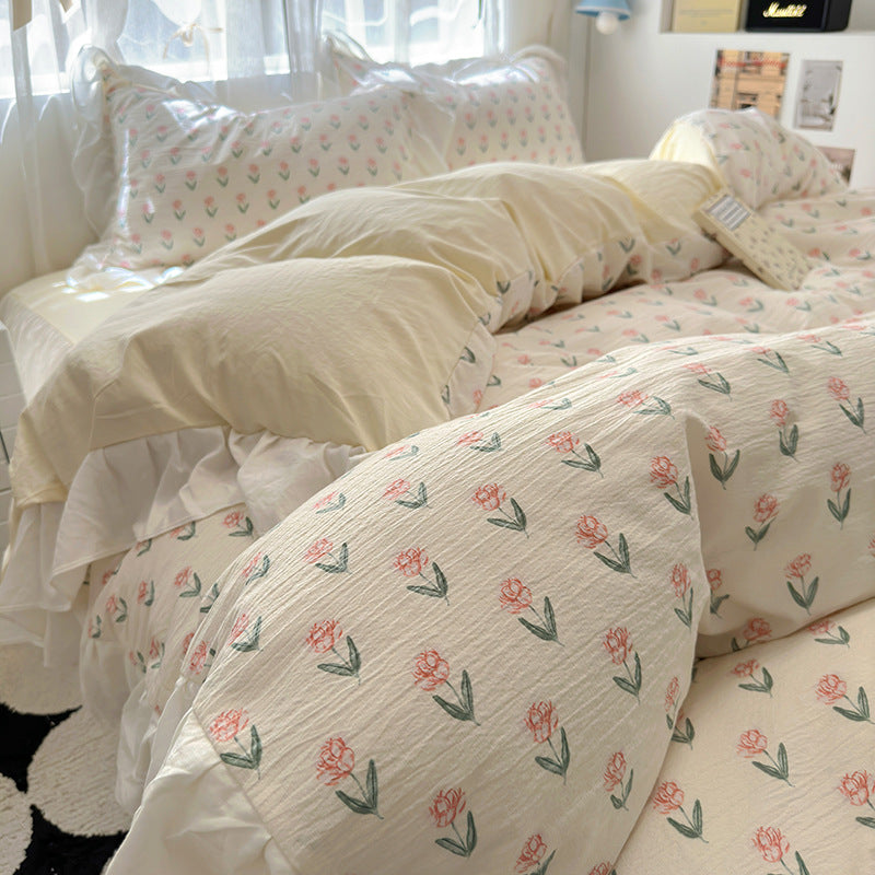 Skin friendly French romantic lace washed cotton printed bed bedding skirt four piece set