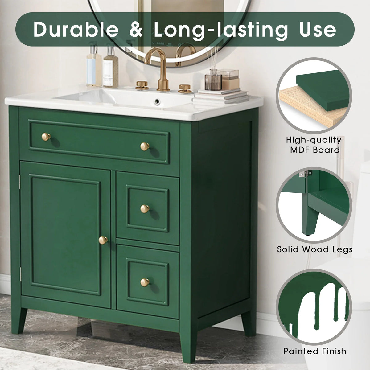Eprolo 30 inch green bathroom vanity with white sink top, two drawers, and one door cabinet.