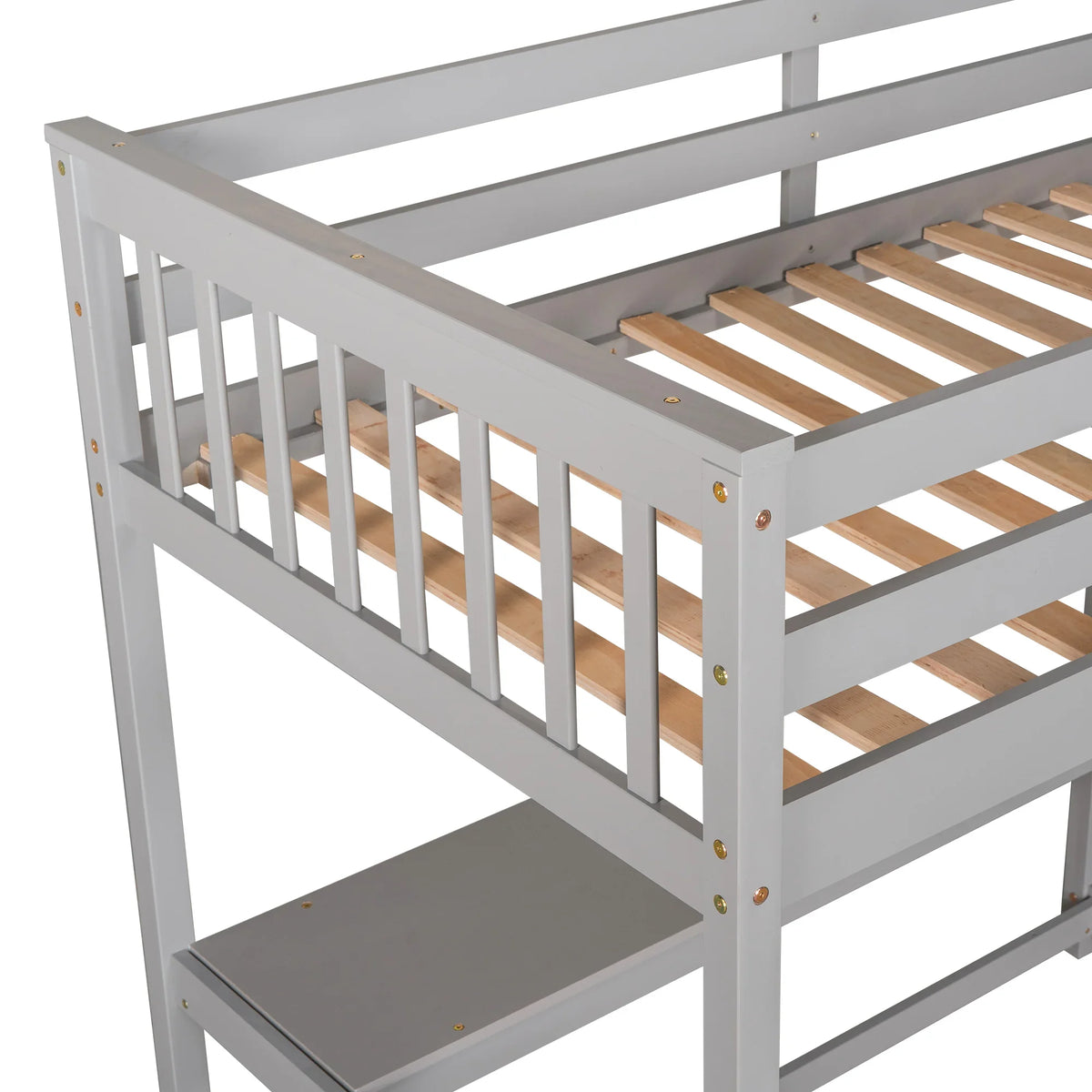 Gray eprolo twin size loft bed with wooden slats and integrated storage shelves