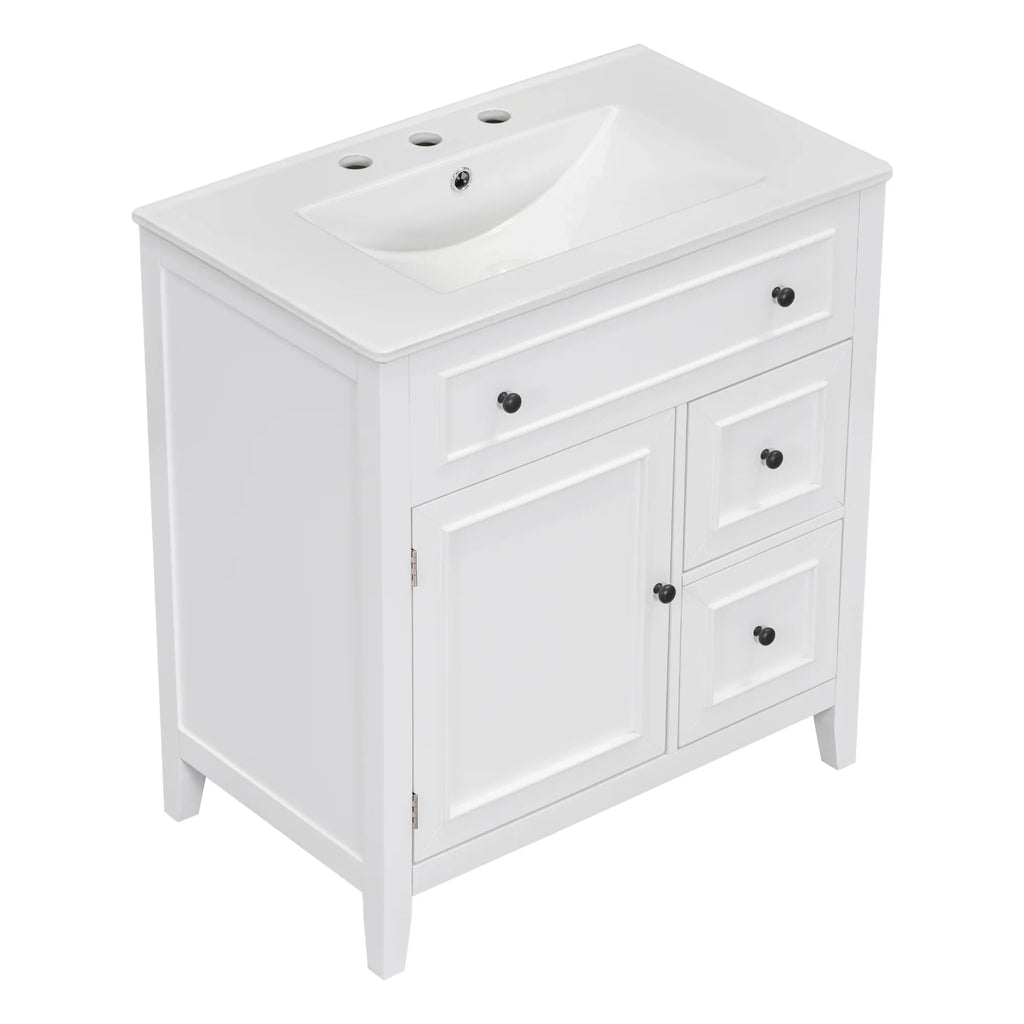 White 30 inch eprolo bathroom vanity with sink top, one door, and two drawers.