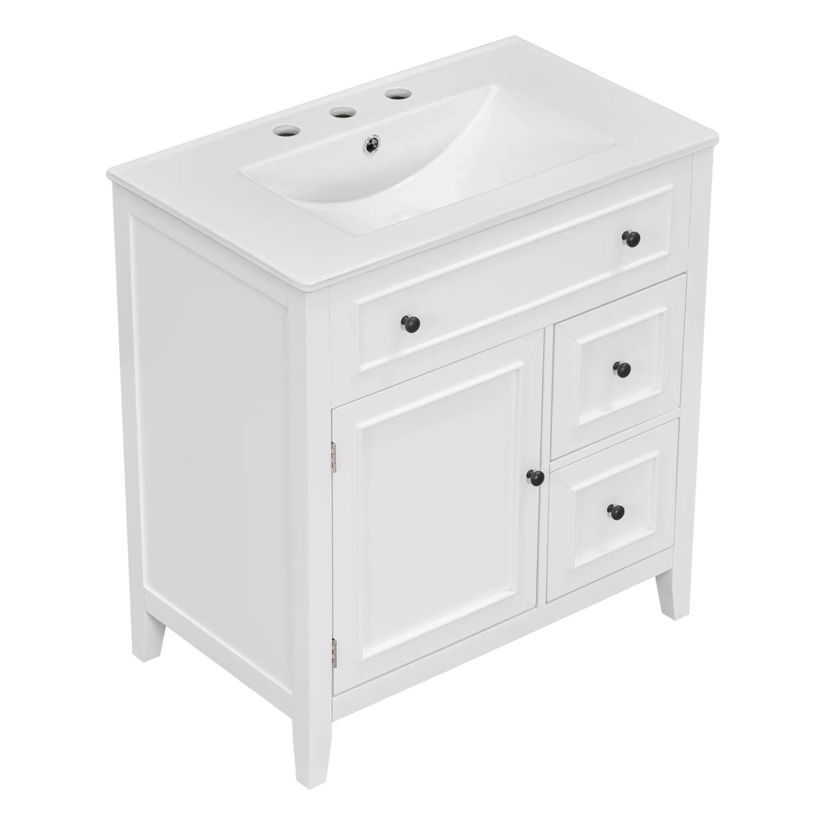 White 30 inch eprolo bathroom vanity with sink top, one door, and two drawers.