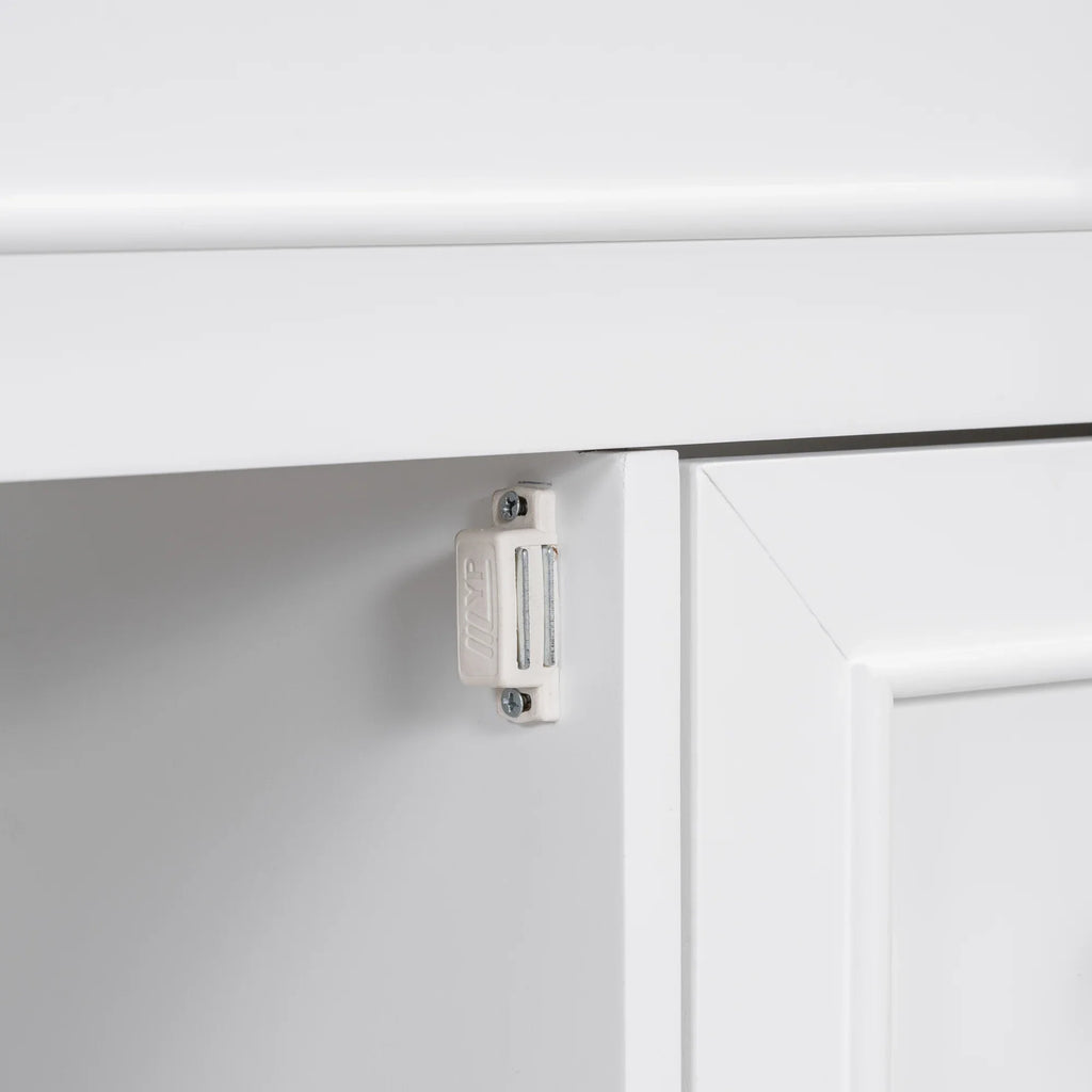 Close-up of a white cabinet hinge on an eprolo bathroom vanity cabinet.