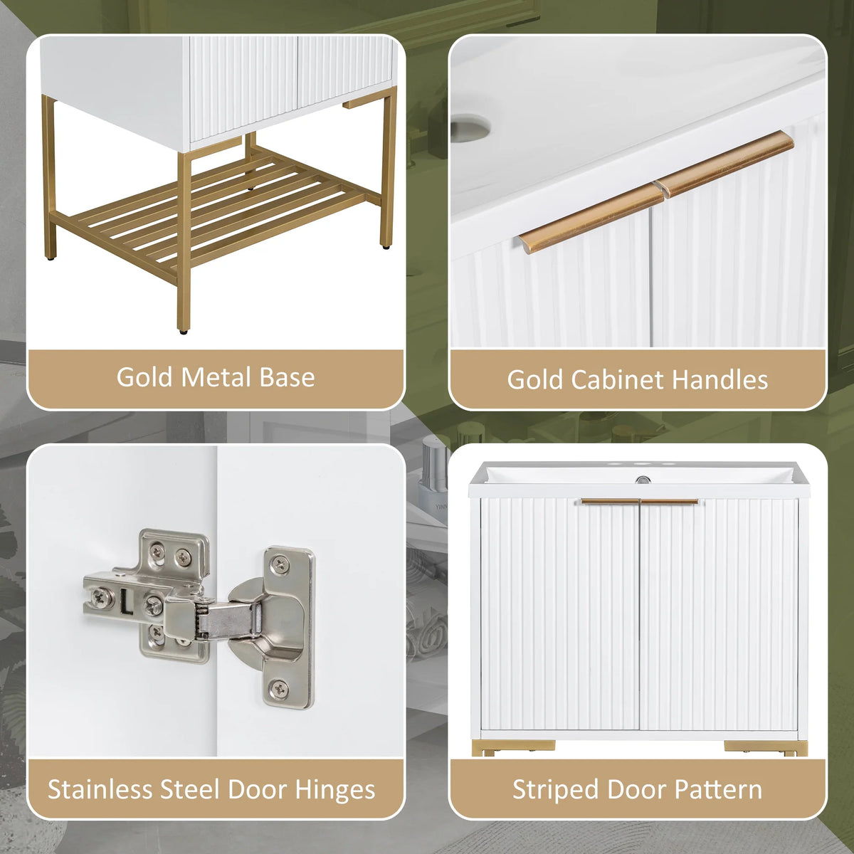 eprolo white 24 inch bathroom vanity details: gold metal base, handles, and striped door pattern.