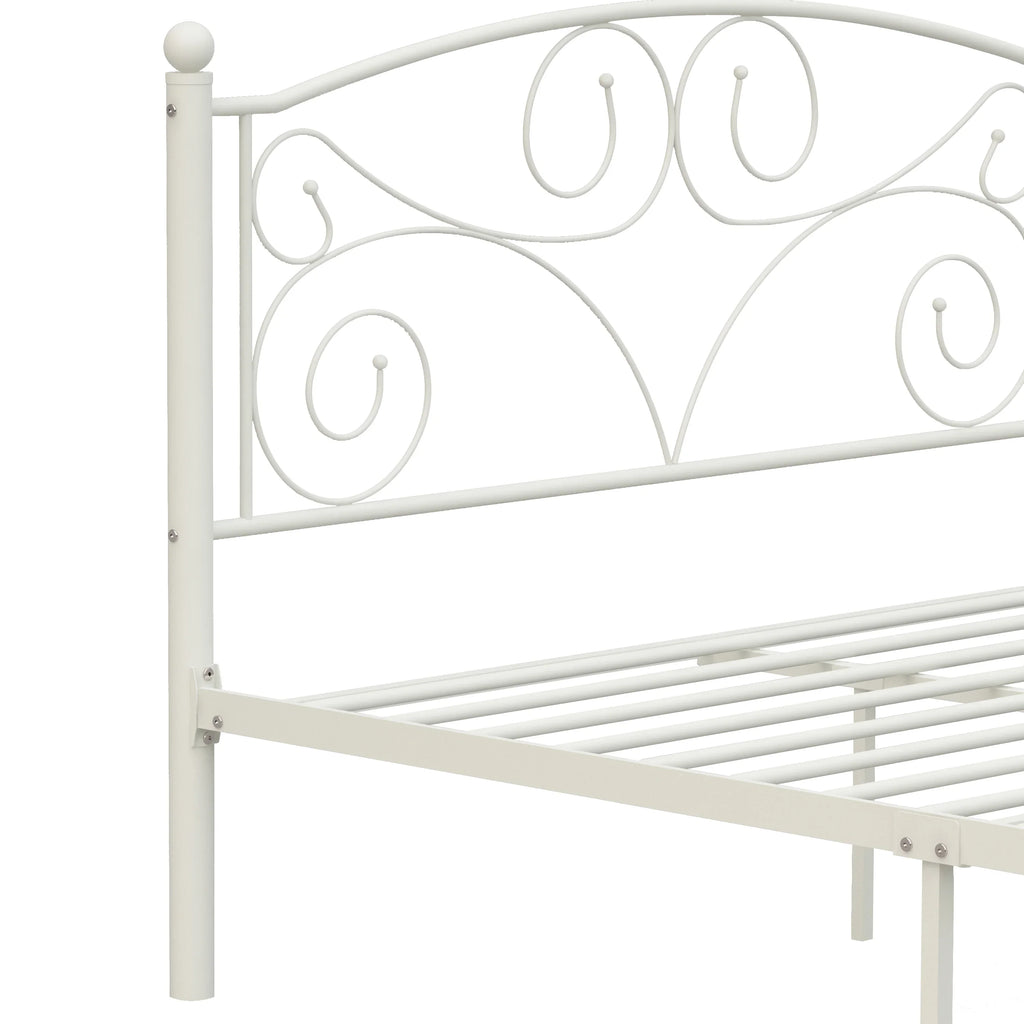 White metal full bed frame with decorative flower scrollwork headboard by eprolo