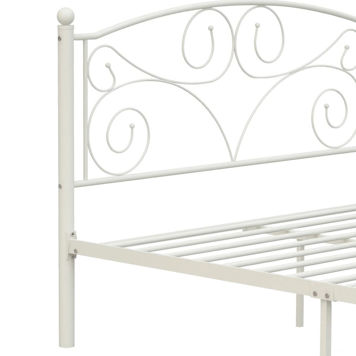 White metal full bed frame with decorative flower scrollwork headboard by eprolo