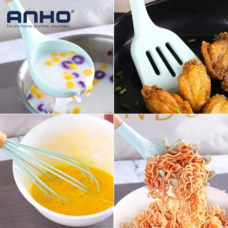 Eprolo light blue silicone kitchen utensil set including a spatula, whisk, ladle, and tongs.