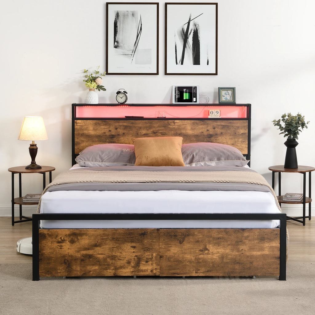 eprolo LED platform bed with storage headboard, integrated charging station, and bedside tables