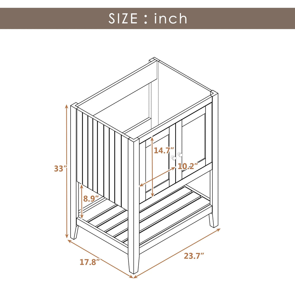 Technical drawing of an eprolo 24-inch white solid wood bathroom vanity base with dimensions.
