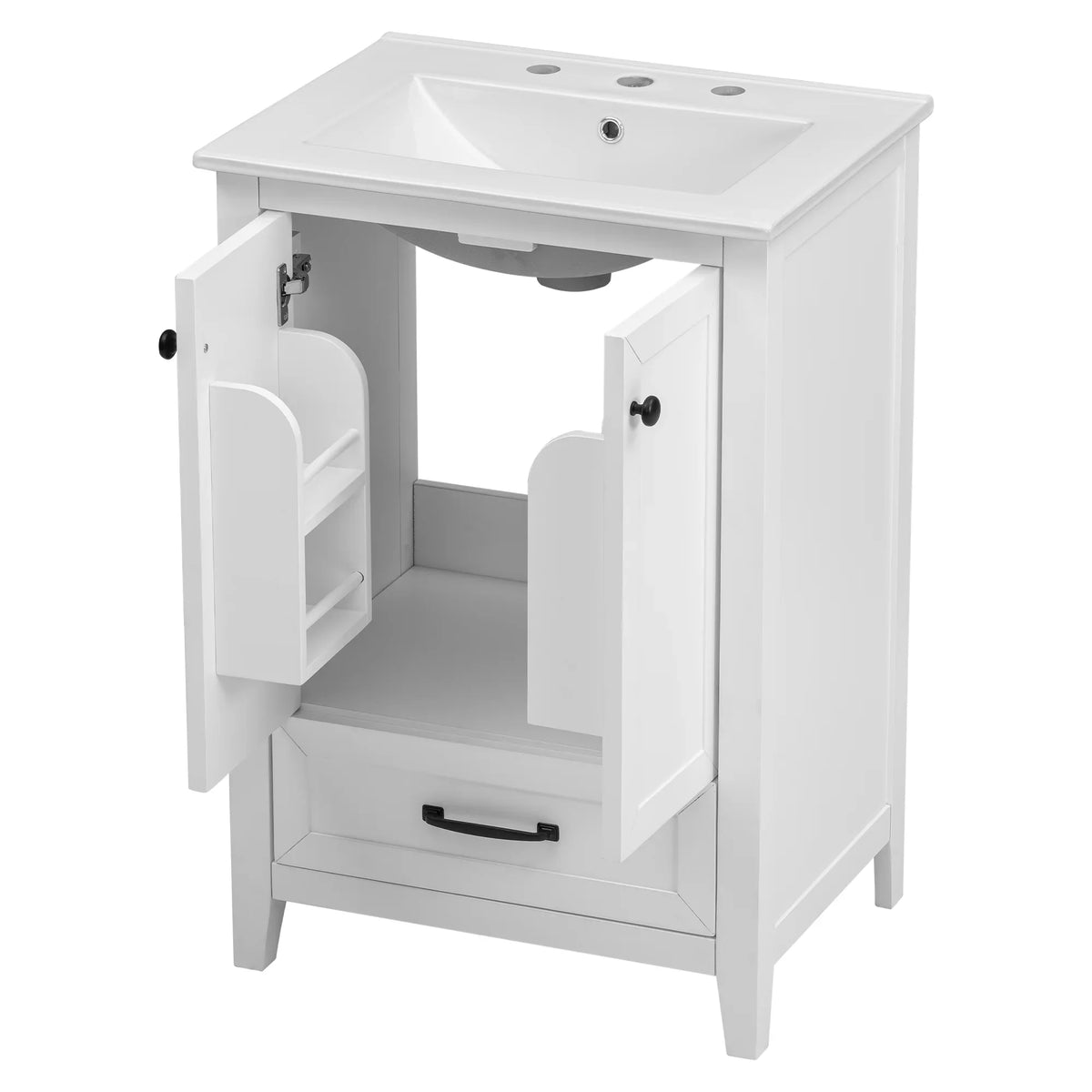 White eprolo 24 inch bathroom vanity with sink, storage cabinet, and single drawer.