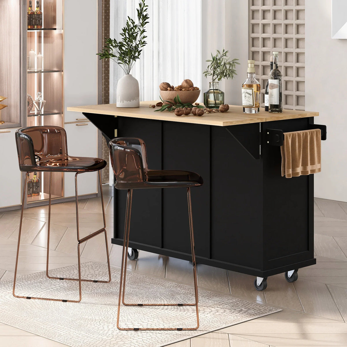 Black eprolo kitchen trolley with rubber wood leaf countertop, storage cabinet, and bar stools.